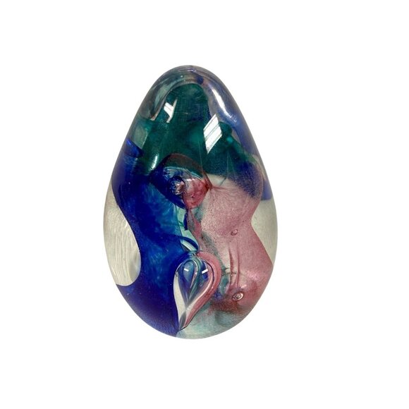 Vintage GES Glass Eye Studio Glass Egg Paperweight Signed GES 97 Blue Pink Swirl - Picture 3 of 7